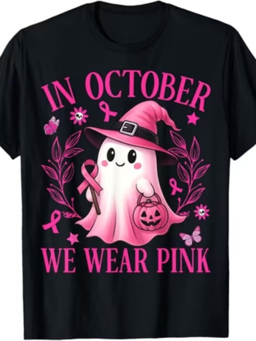 In October We Wear Pink T-Shirt Breast Cancer Awareness Ghost Halloween Tee